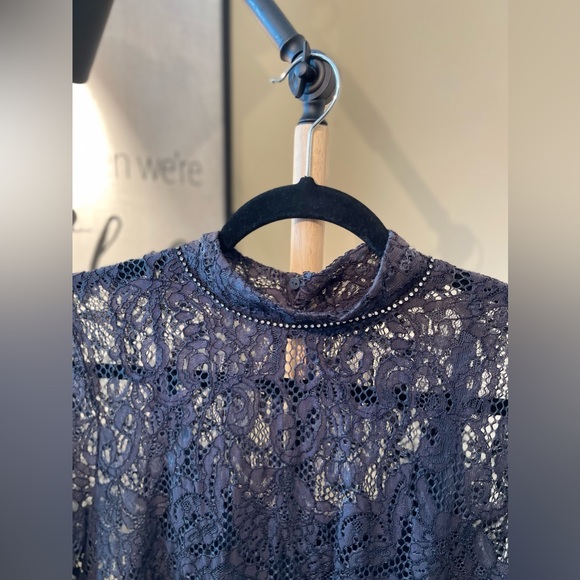 2 Pieces Lacy Gray Dress with Stone Detailed and Long Sleeves - Picture 4 of 13
